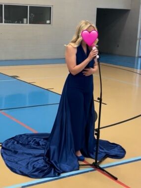 Royal Blue Halter Jumpsuit with Dramatic Train